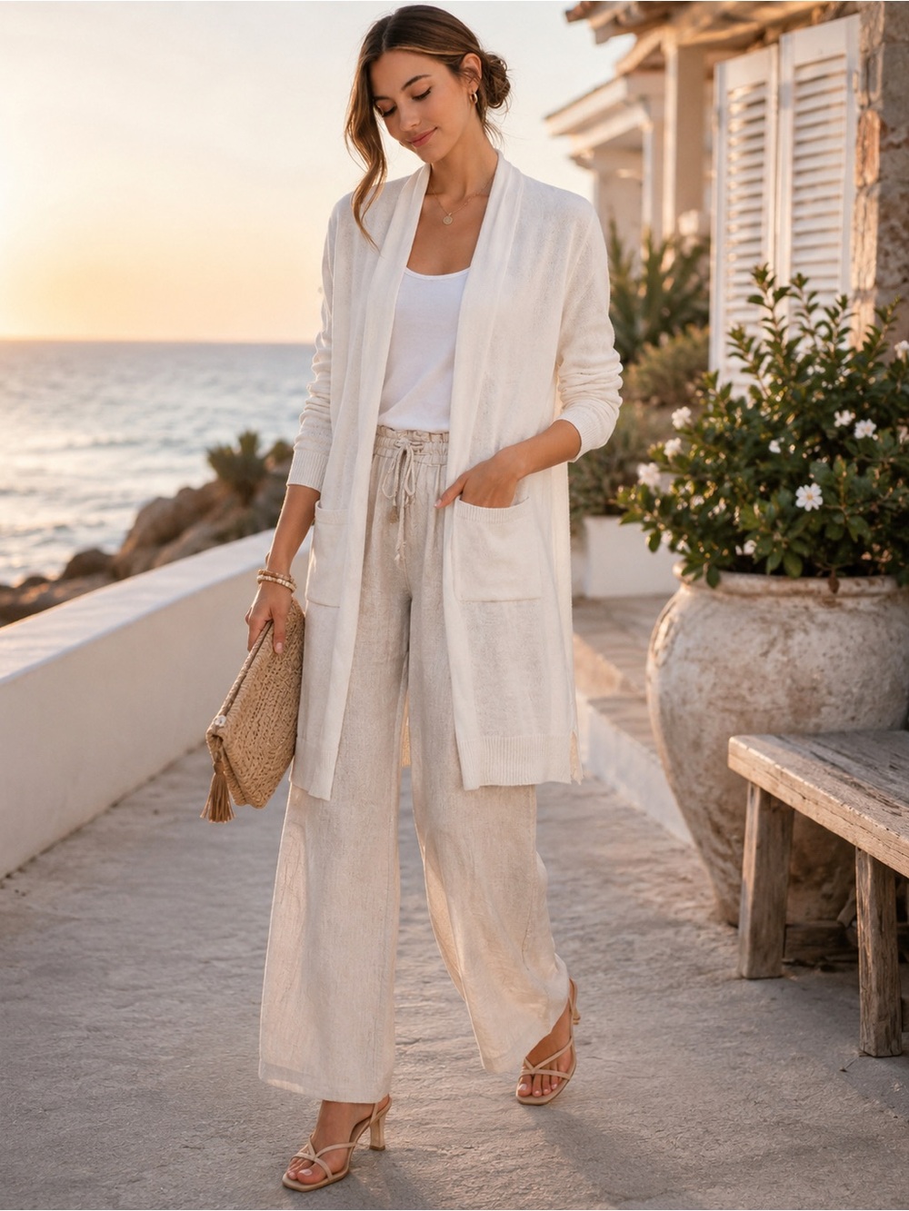 Lightweight Open Front Cardigan - White